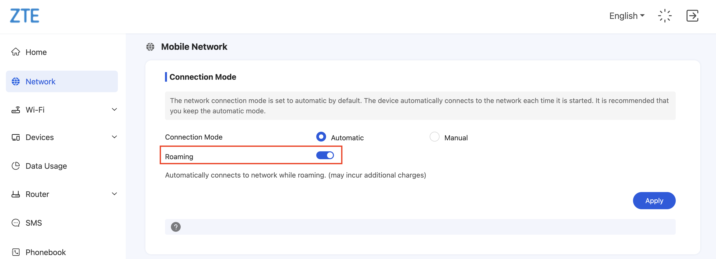 ZTE U60 Roaming Setting