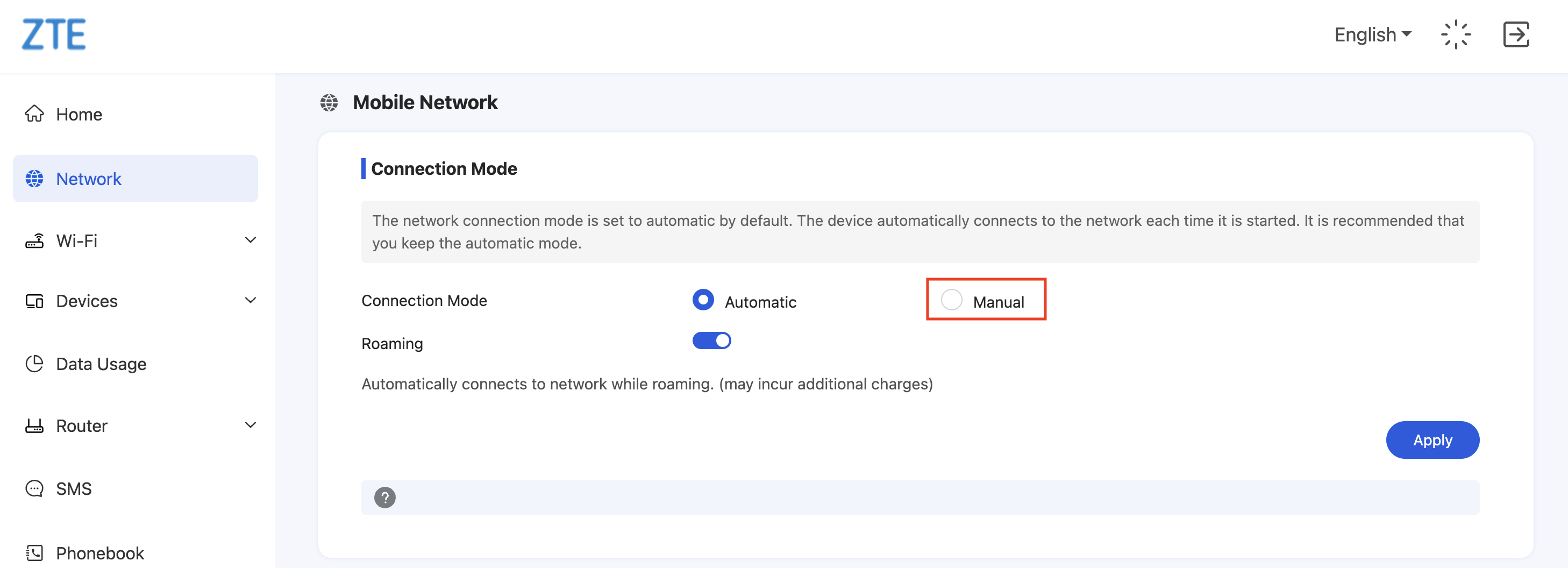 ZTE U60 Connection Mode Setting