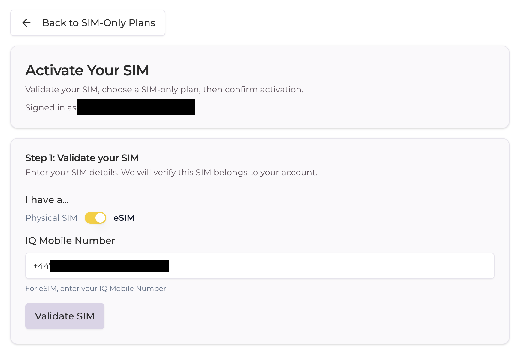 SIM Validation Screen