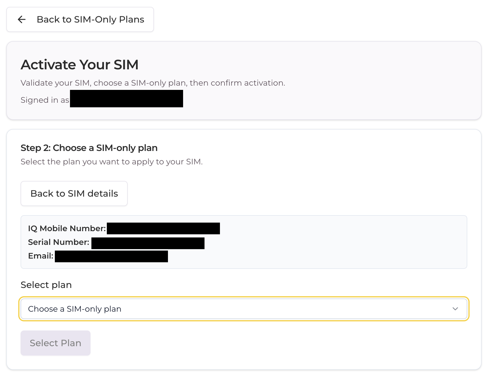 SIM Plan Selection